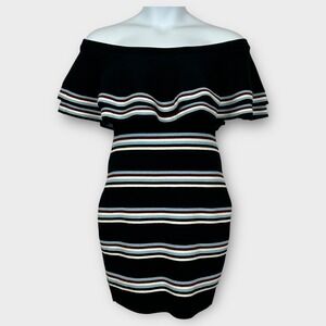 Gianni Bini‎ Sweater Dress Womens Large Black Striped Off Shoulder Ruffle NWT